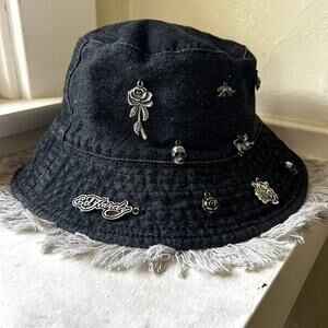 Ed Hardy Denim Fringe Charm Bucket Hat